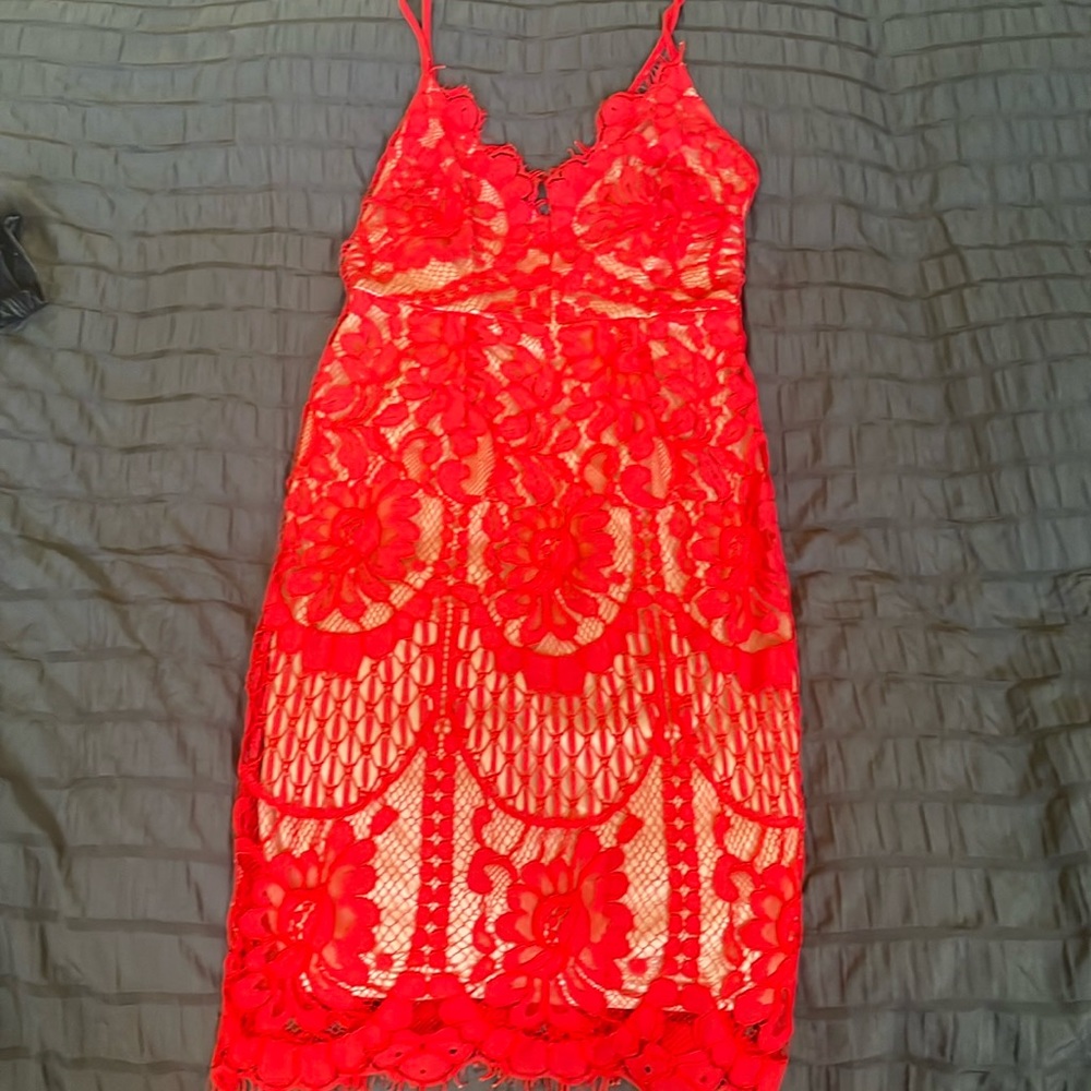 Fashion nova size S red lace dress with nude color under